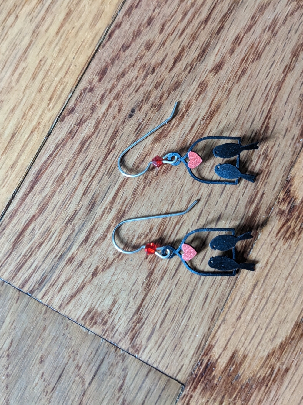 Black Love Bird and Red Heart Dangle Earrings